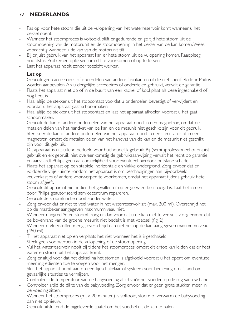 Let op | Philips AVENT Kombinierter Dampfgarer und Mixer User Manual | Page 72 / 100