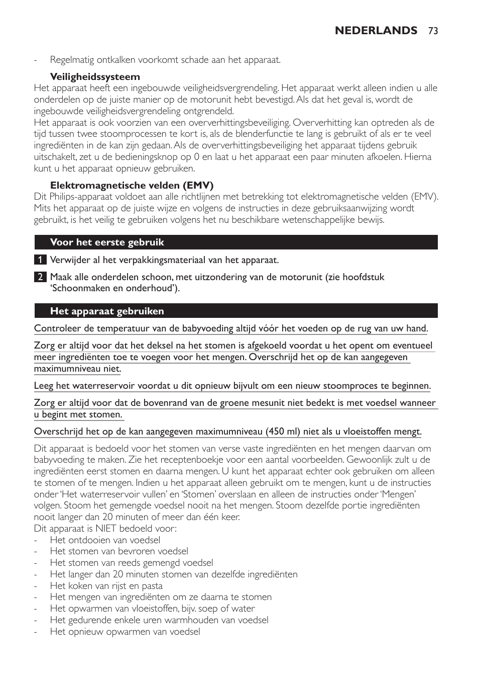 Veiligheidssysteem, Elektromagnetische velden (emv), Voor het eerste gebruik | Het apparaat gebruiken | Philips AVENT Kombinierter Dampfgarer und Mixer User Manual | Page 73 / 100