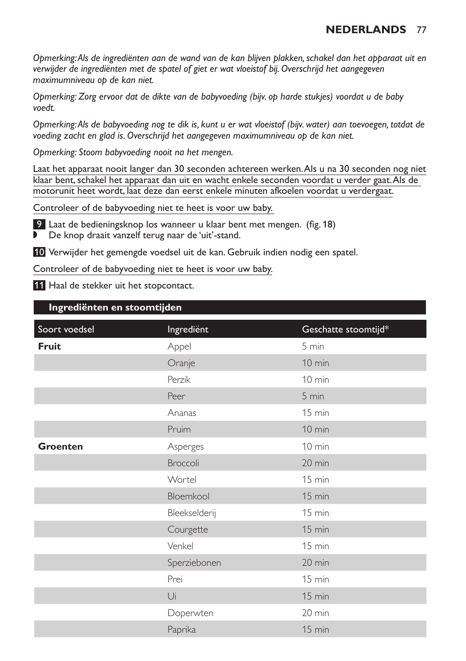 Ingrediënten en stoomtijden | Philips AVENT Kombinierter Dampfgarer und Mixer User Manual | Page 77 / 100