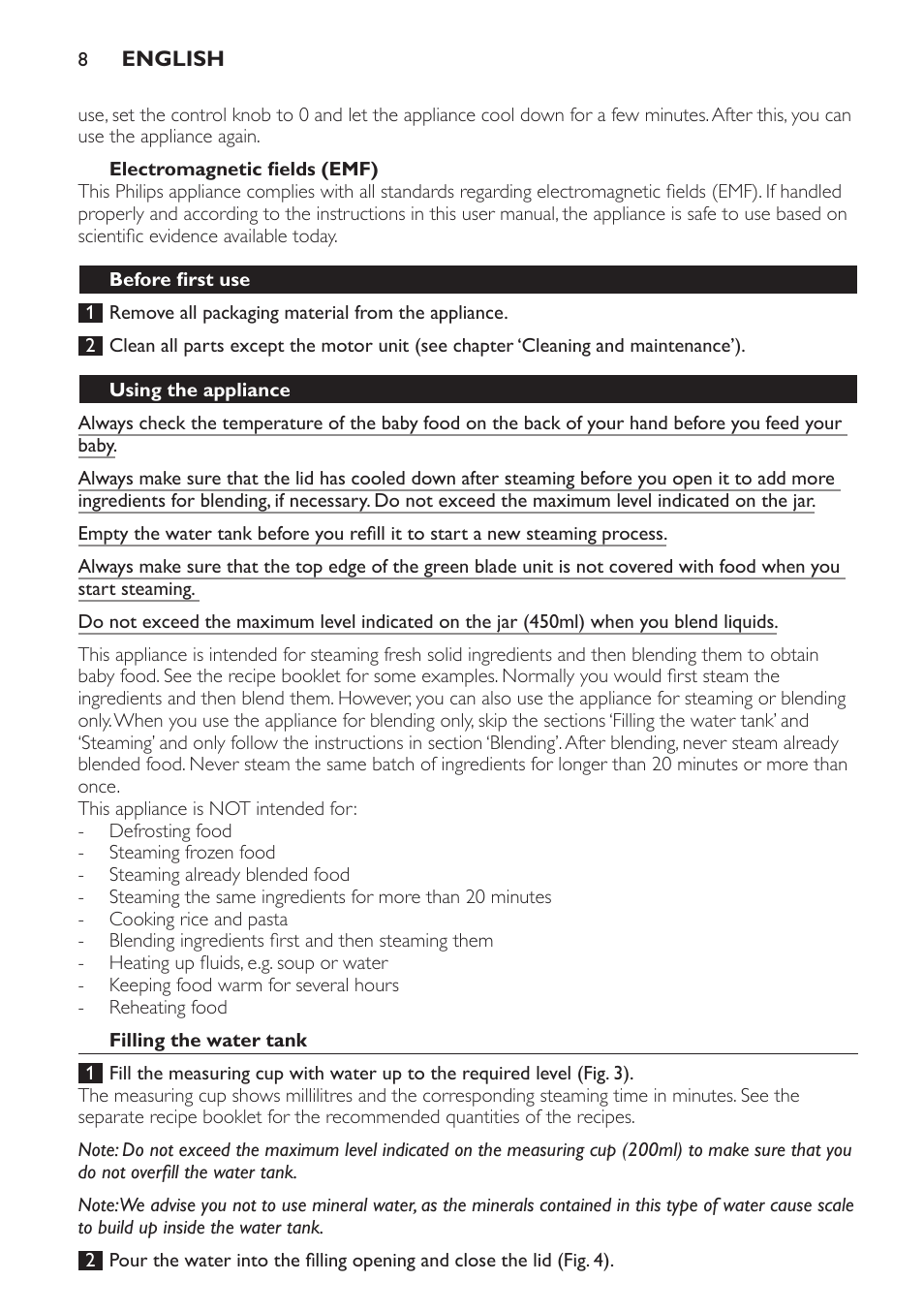 Electromagnetic fields (emf), Before first use, Using the appliance | Filling the water tank | Philips AVENT Kombinierter Dampfgarer und Mixer User Manual | Page 8 / 100