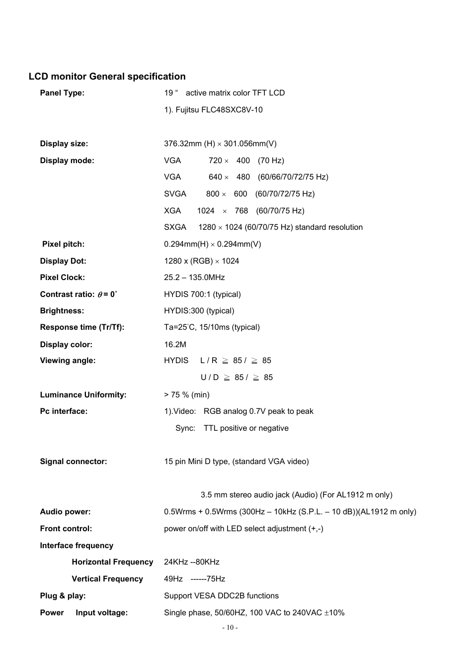 Acer AL1912 User Manual | Page 10 / 62