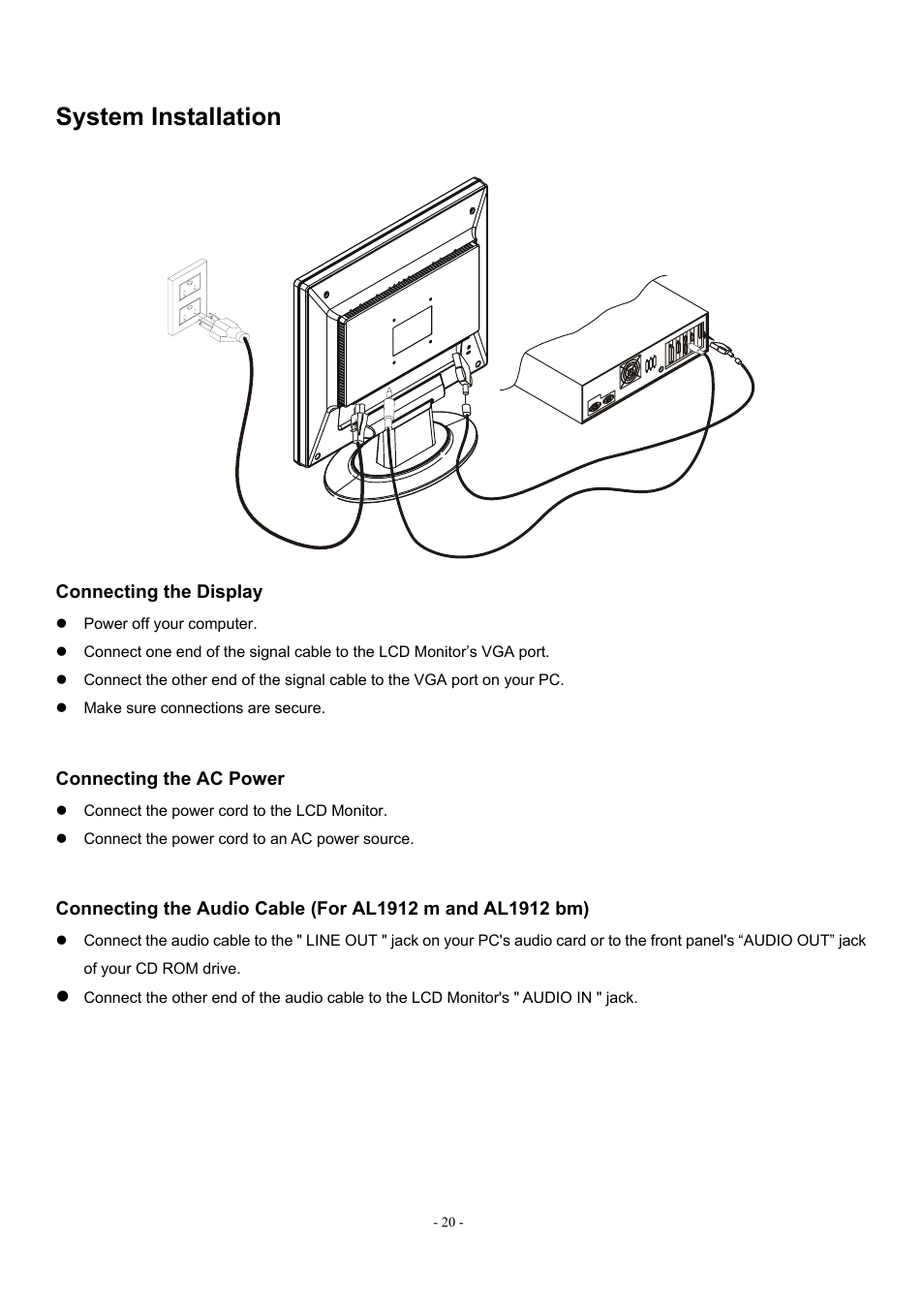 System installation | Acer AL1912 User Manual | Page 20 / 62