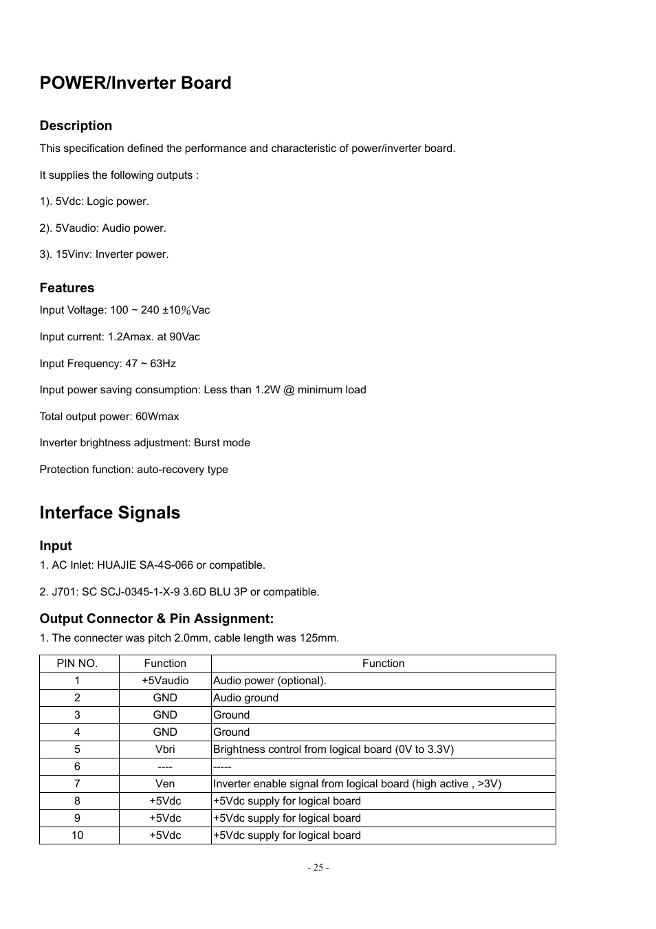 Power/inverter board, Interface signals | Acer AL1912 User Manual | Page 25 / 62