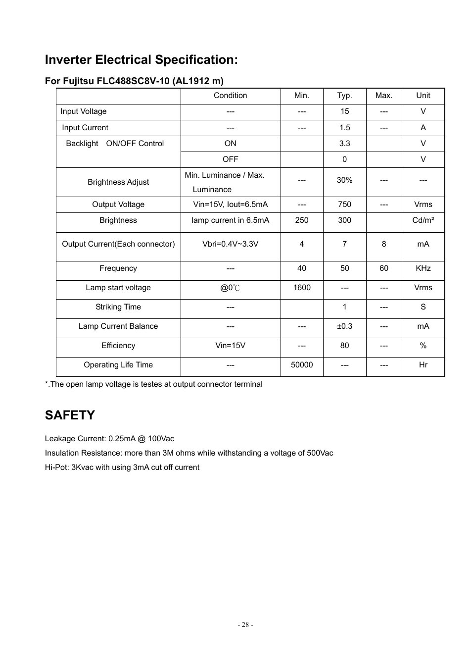 Inverter electrical specification, Safety | Acer AL1912 User Manual | Page 28 / 62