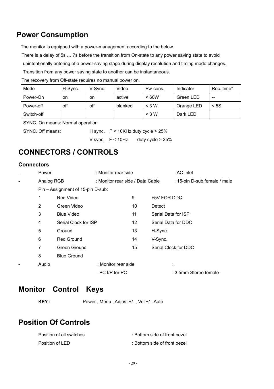 Power consumption, Connectors / controls, Monitor control keys | Position of controls | Acer AL1912 User Manual | Page 29 / 62