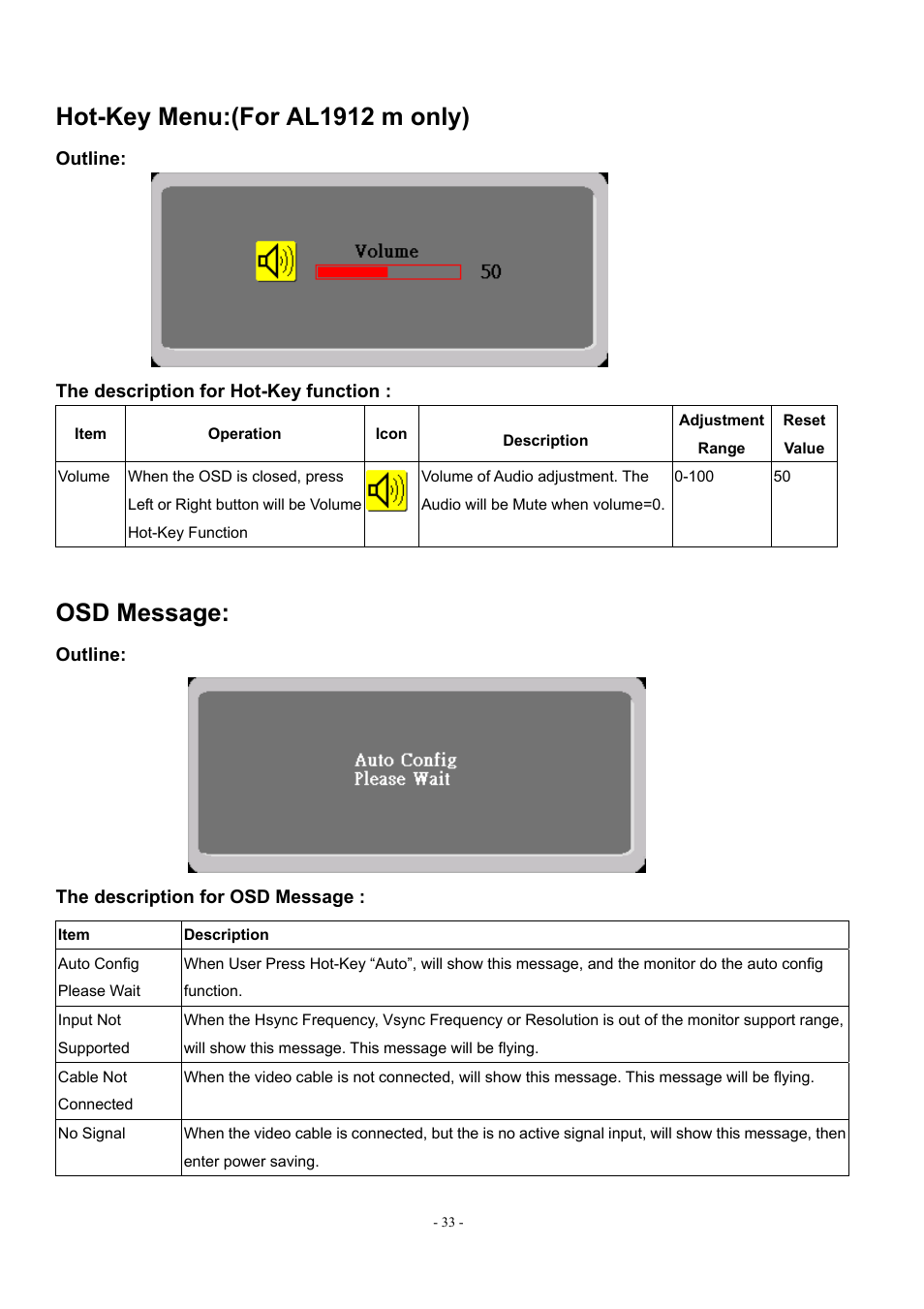 Hot-key menu:(for al1912 m only), Osd message | Acer AL1912 User Manual | Page 33 / 62