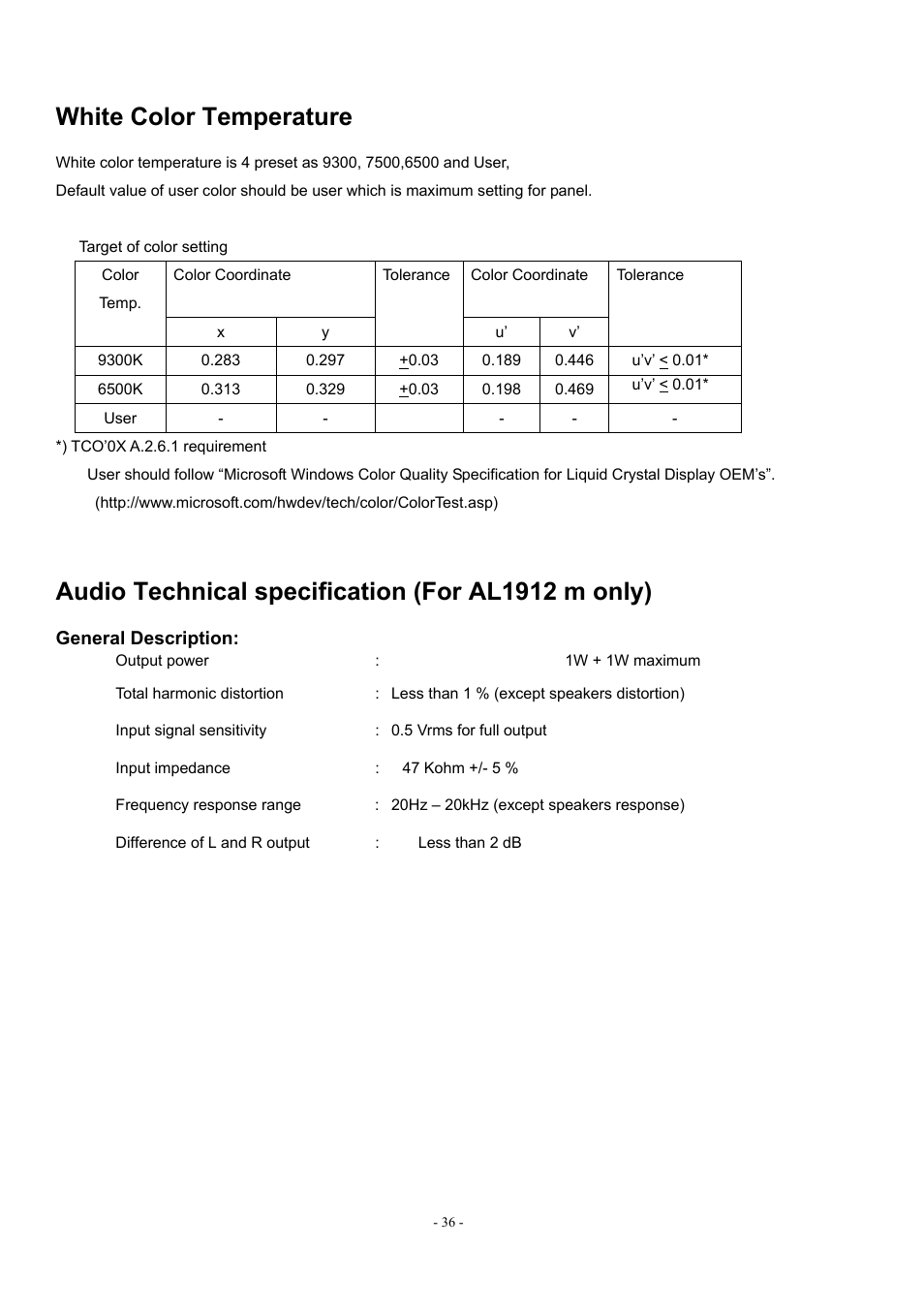 White color temperature, Audio technical specification (for al1912 m only) | Acer AL1912 User Manual | Page 36 / 62