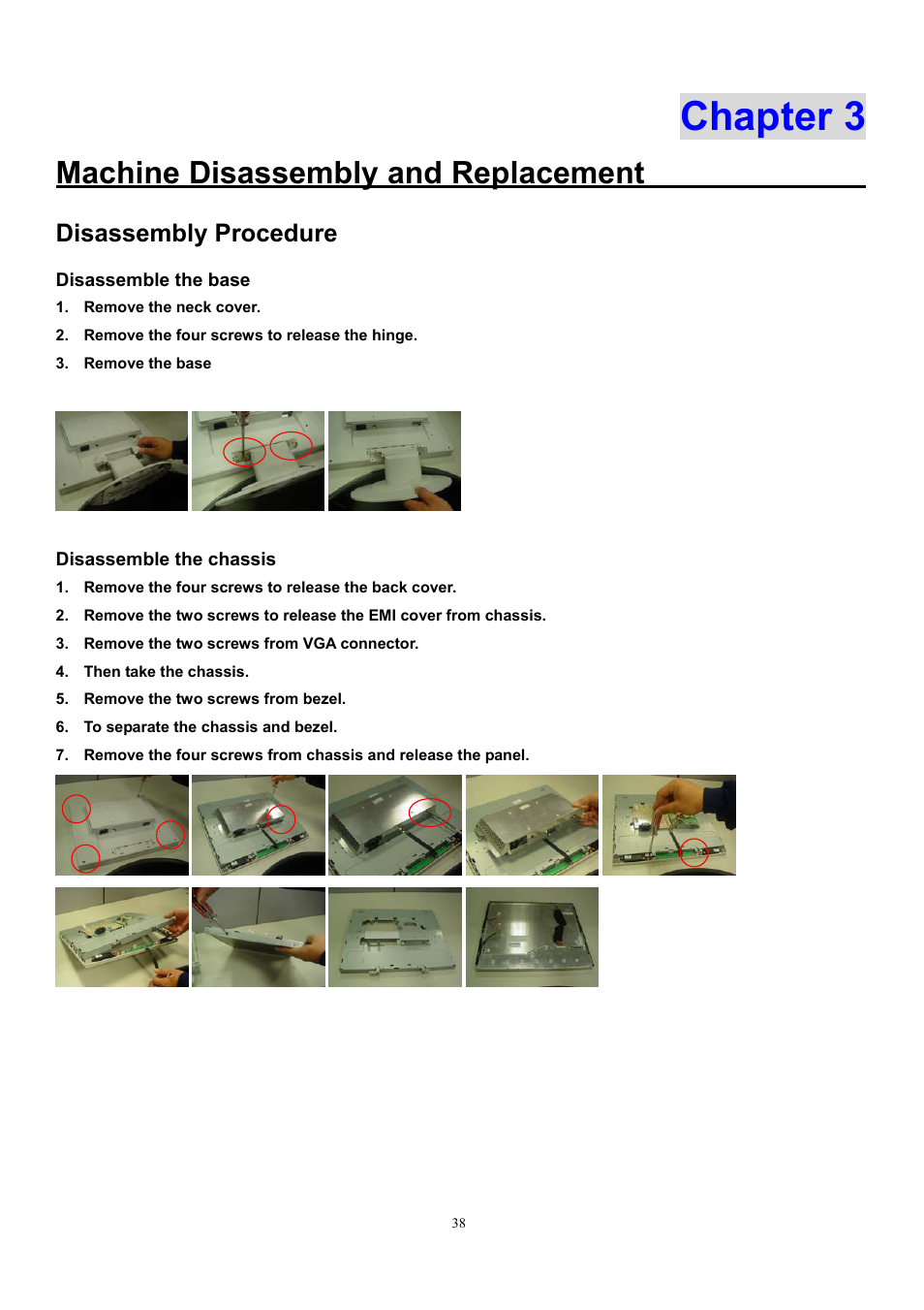 Chapter 3, Machine disassembly and replacement, Disassembly procedure | Acer AL1912 User Manual | Page 38 / 62