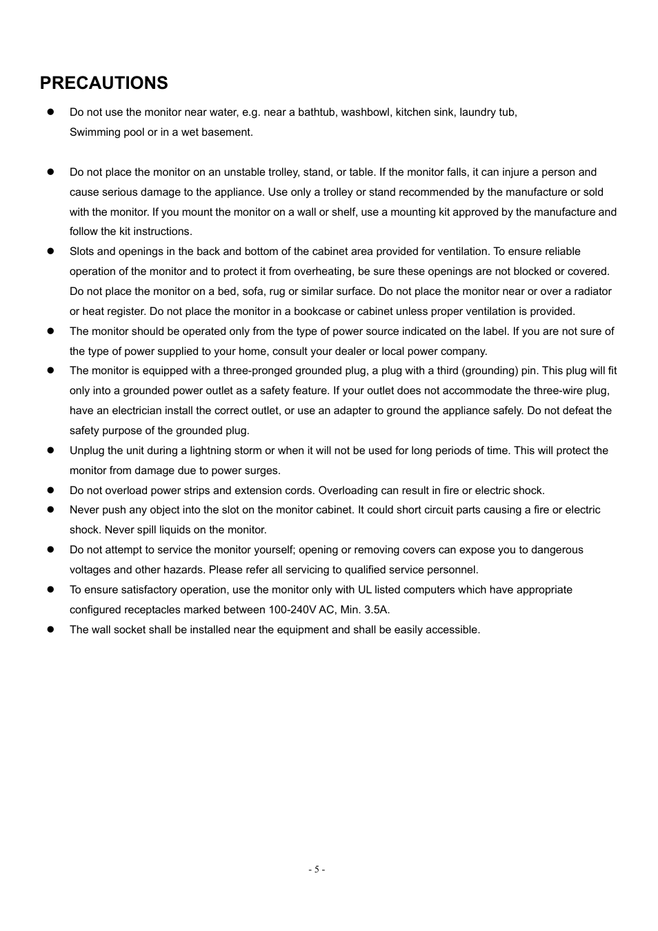 Precautions | Acer AL1912 User Manual | Page 5 / 62