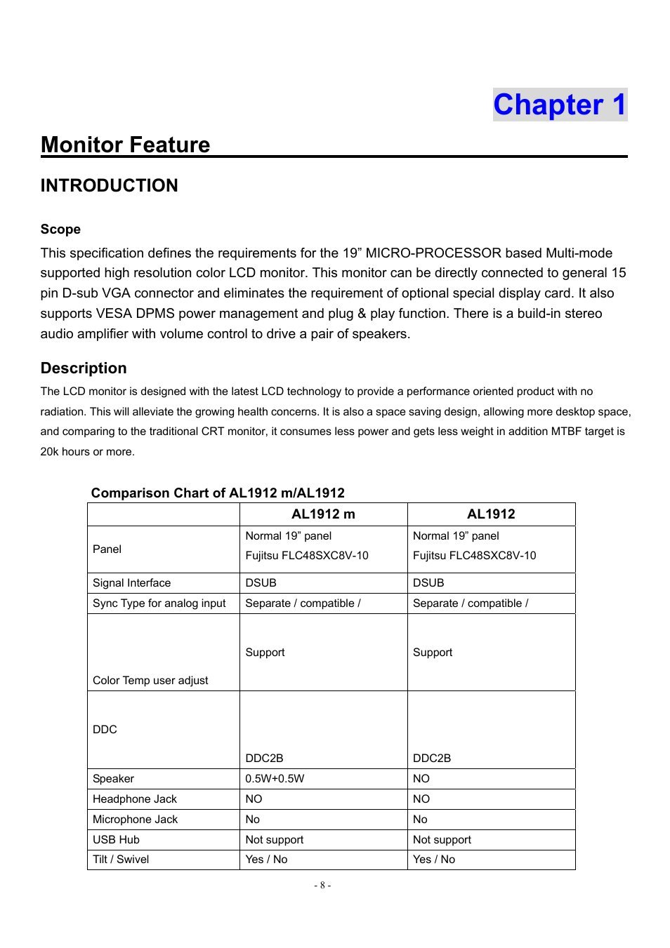 Chapter 1, Monitor feature, Introduction | Description | Acer AL1912 User Manual | Page 8 / 62