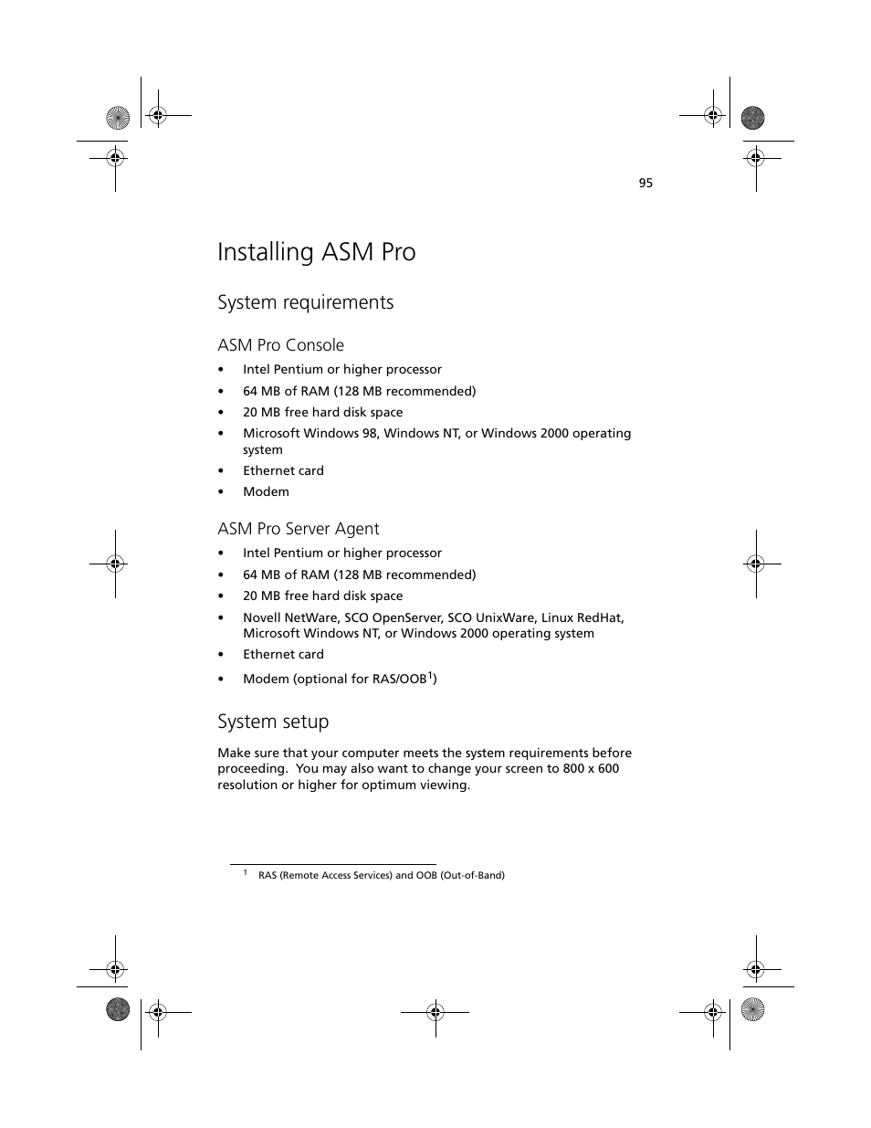 Installing asm pro, System requirements, System setup | Asm pro console, Asm pro server agent | Acer Altos G500 User Manual | Page 105 / 124