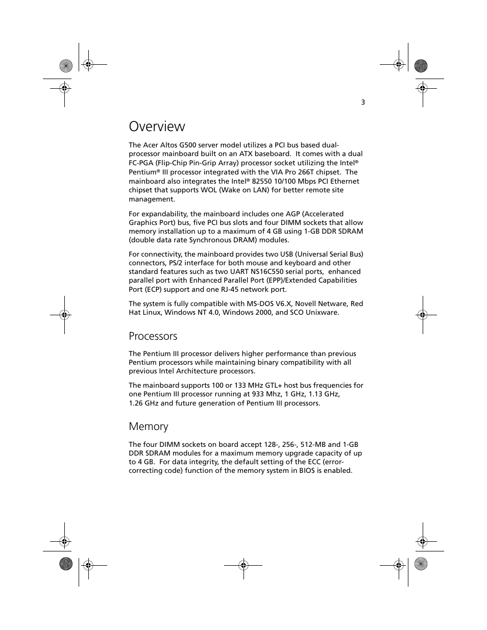 Overview, Processors, Memory | Acer Altos G500 User Manual | Page 13 / 124