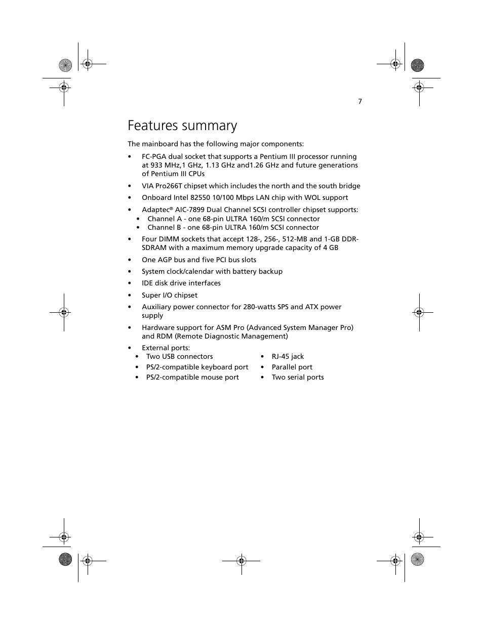 Features summary | Acer Altos G500 User Manual | Page 17 / 124