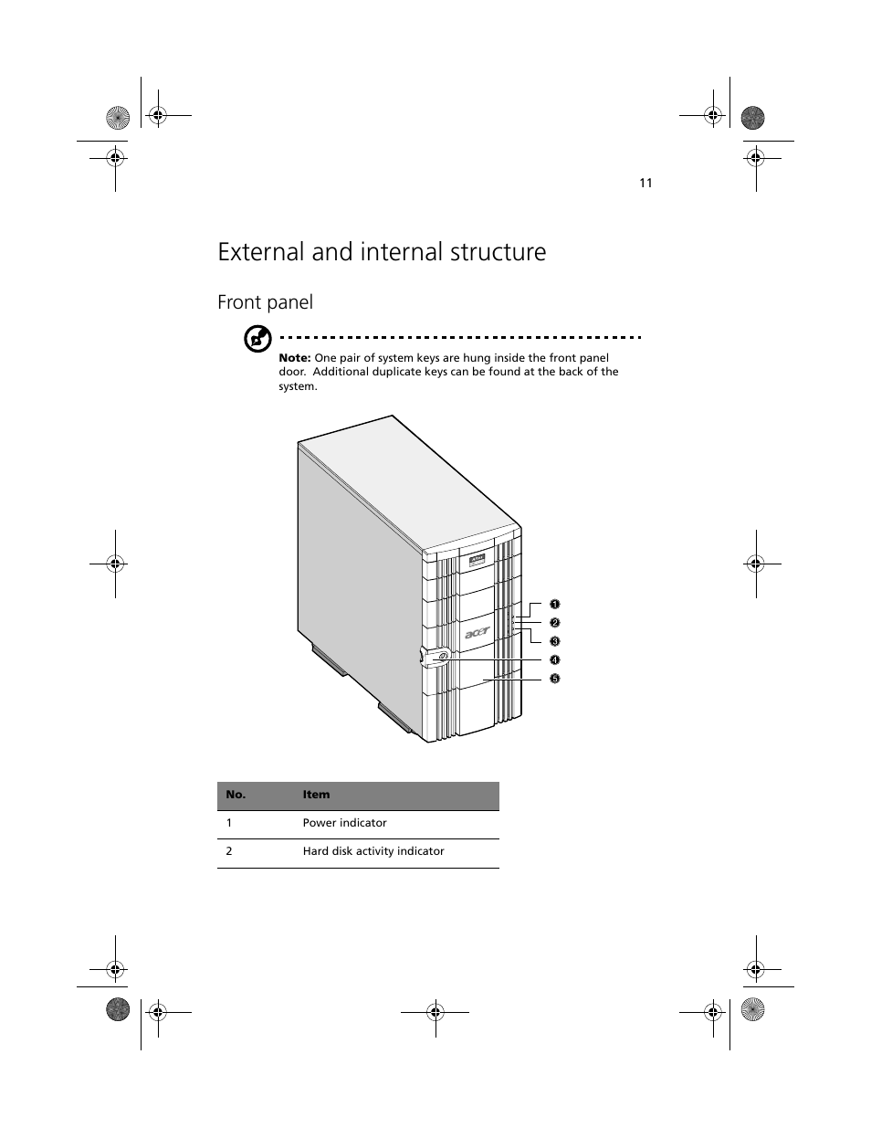 External and internal structure, Front panel | Acer Altos G500 User Manual | Page 21 / 124