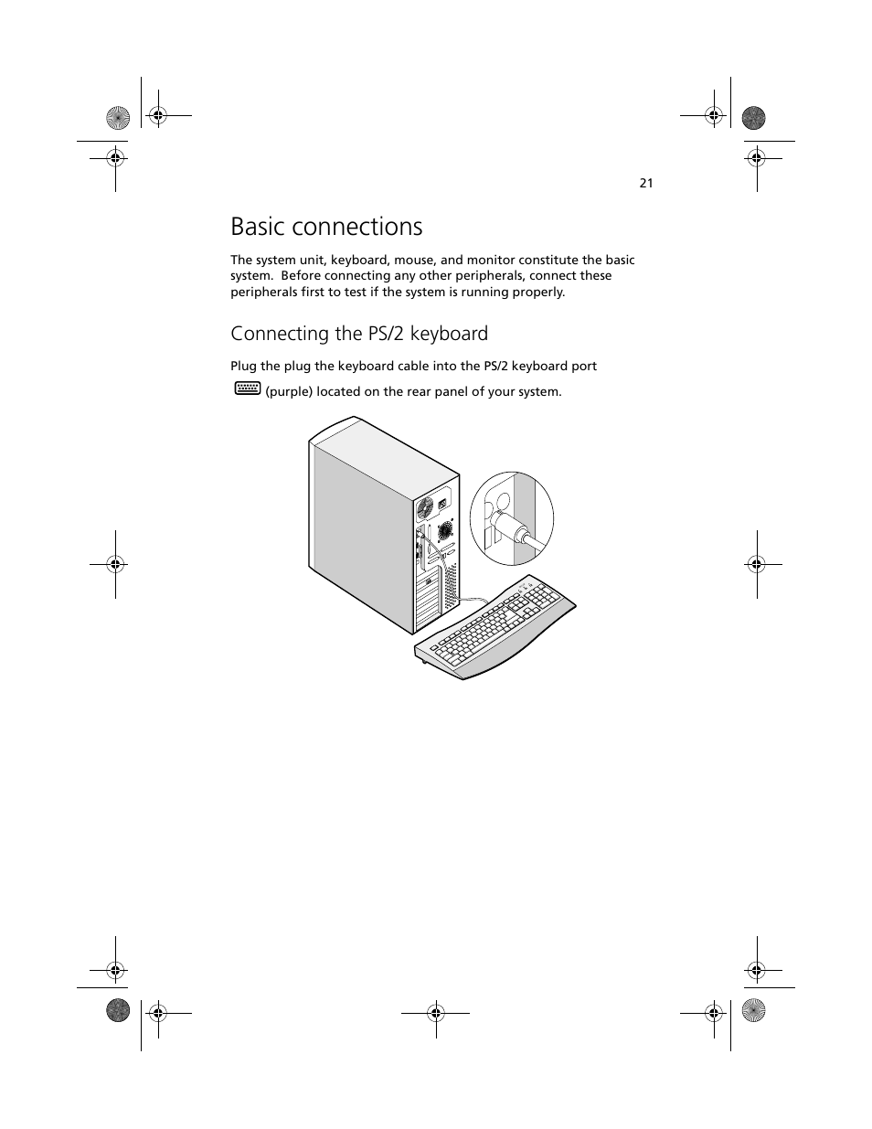 Basic connections, Connecting the ps/2 keyboard | Acer Altos G500 User Manual | Page 31 / 124