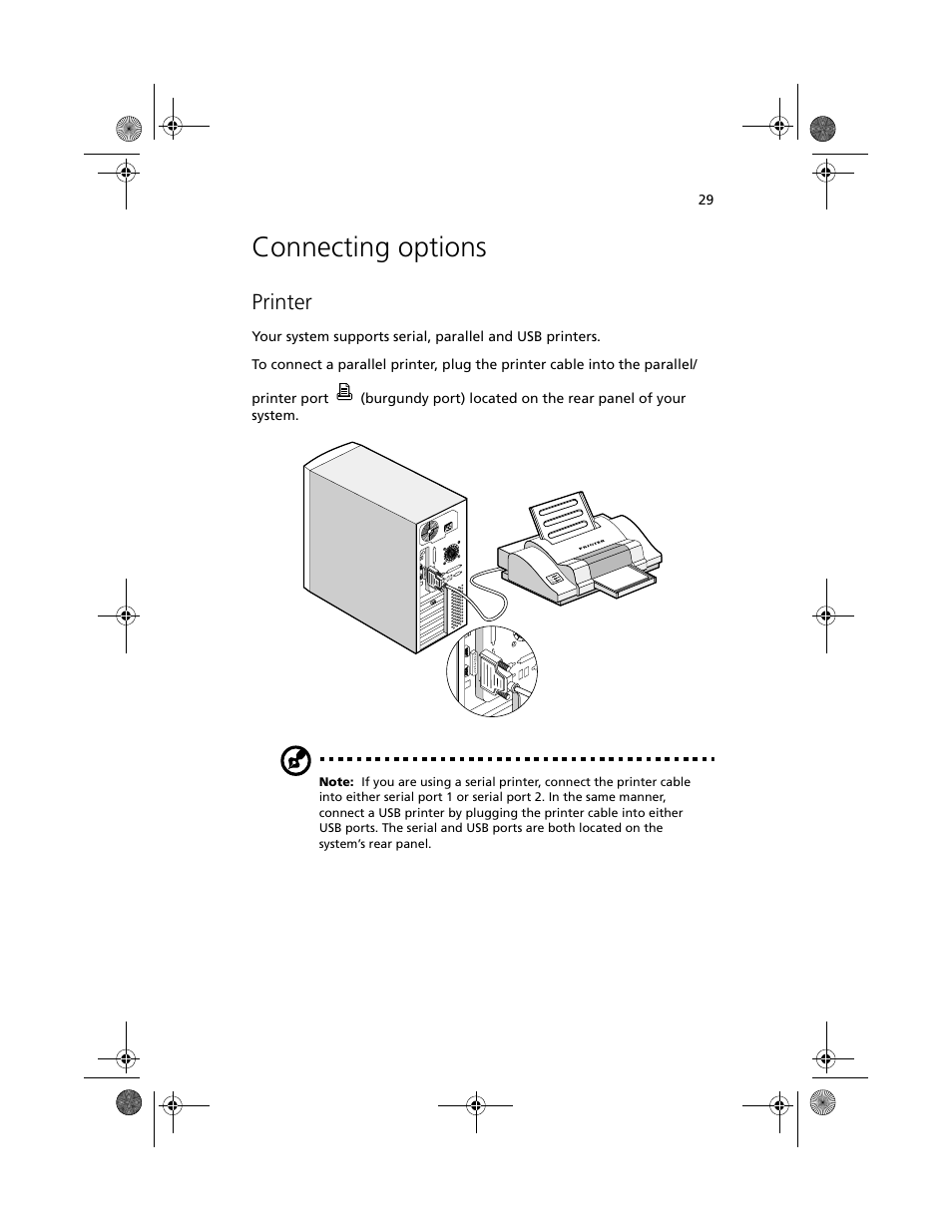 Connecting options, Printer | Acer Altos G500 User Manual | Page 39 / 124