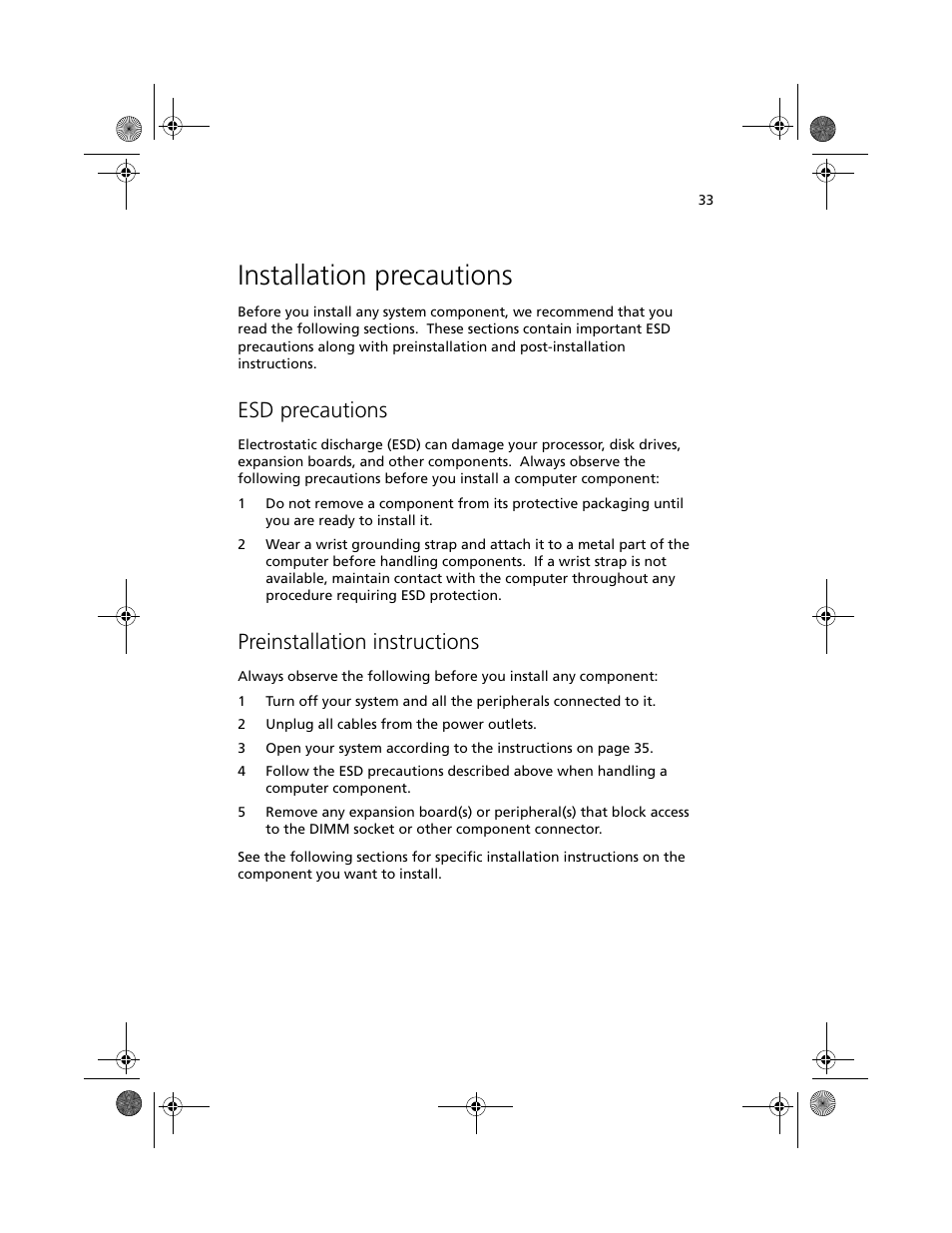 Installation precautions, Esd precautions, Preinstallation instructions | Acer Altos G500 User Manual | Page 43 / 124