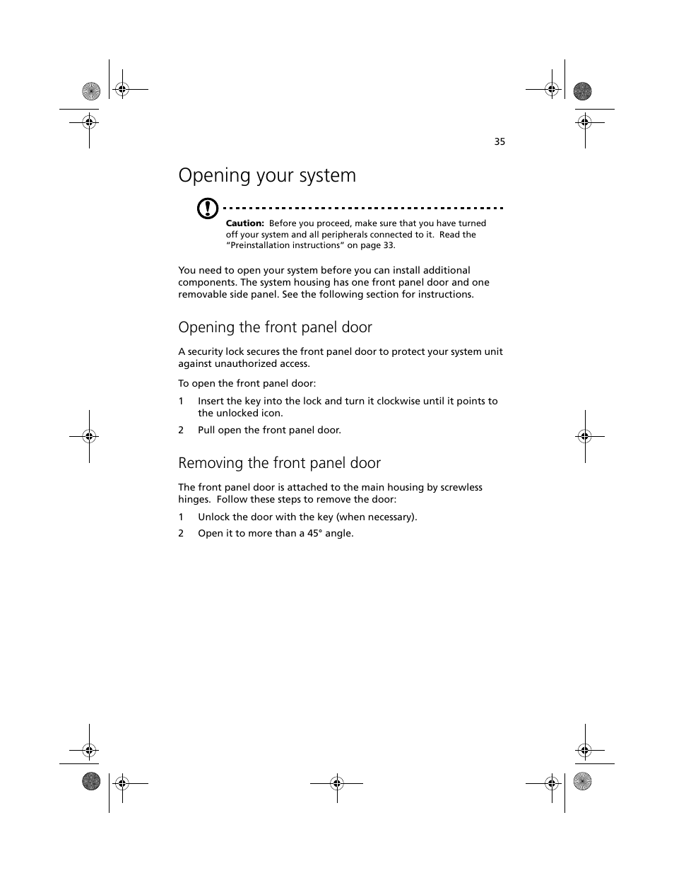 Opening your system, Opening the front panel door, Removing the front panel door | Acer Altos G500 User Manual | Page 45 / 124