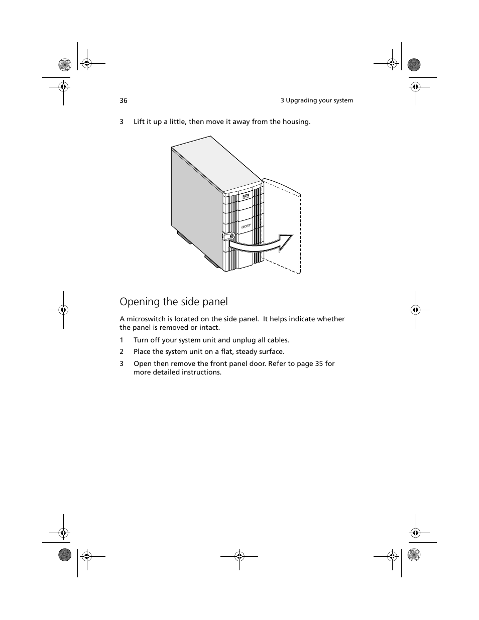 Opening the side panel | Acer Altos G500 User Manual | Page 46 / 124