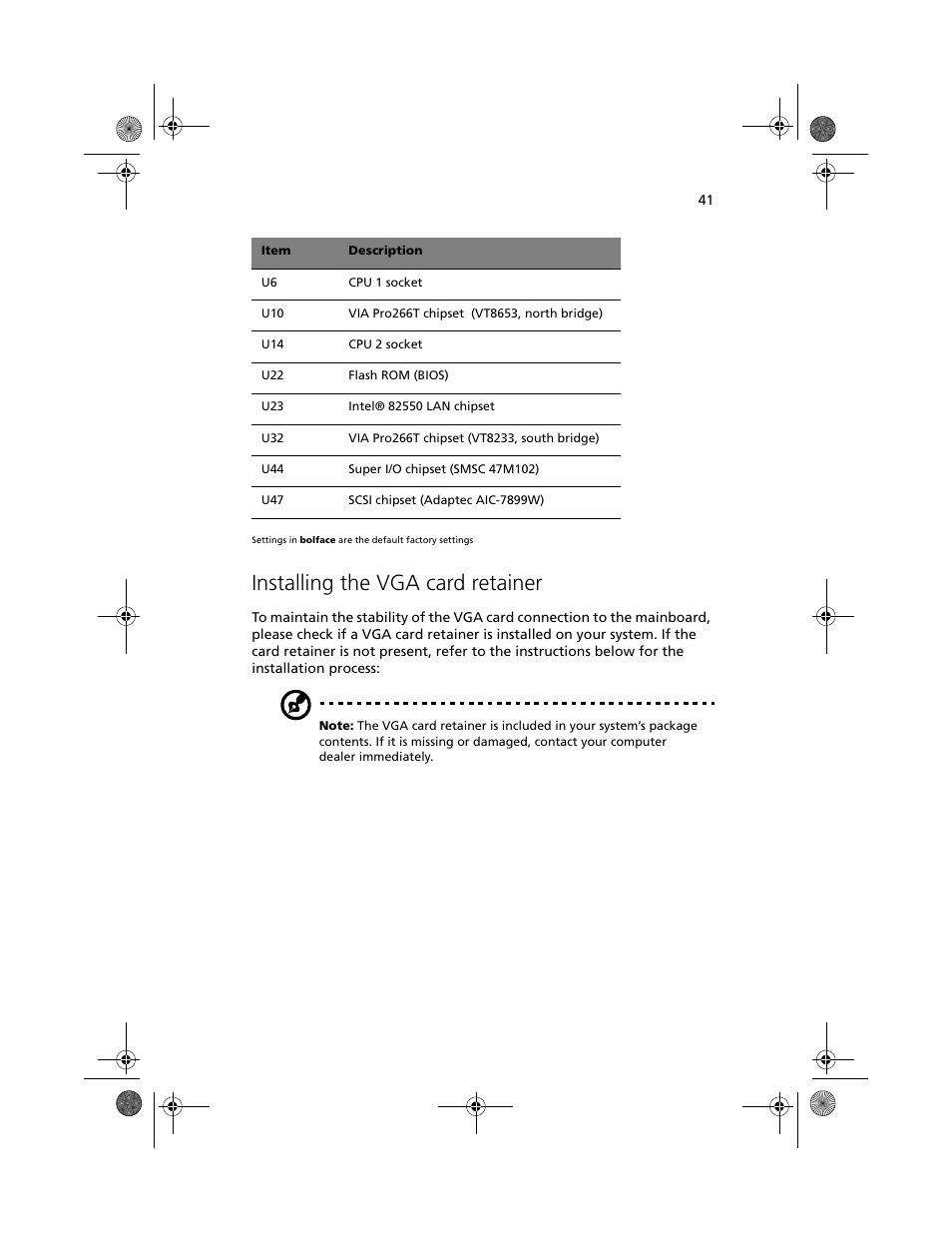 Installing the vga card retainer | Acer Altos G500 User Manual | Page 51 / 124