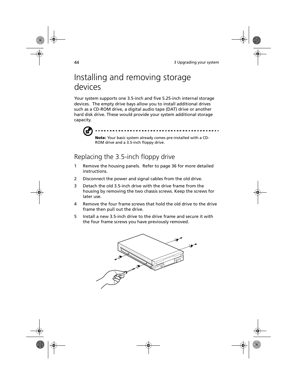 Installing and removing storage devices, Replacing the 3.5-inch floppy drive | Acer Altos G500 User Manual | Page 54 / 124