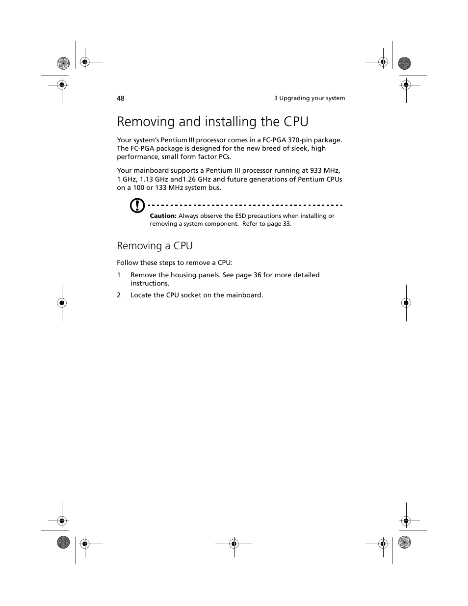 Removing and installing the cpu, Removing a cpu | Acer Altos G500 User Manual | Page 58 / 124