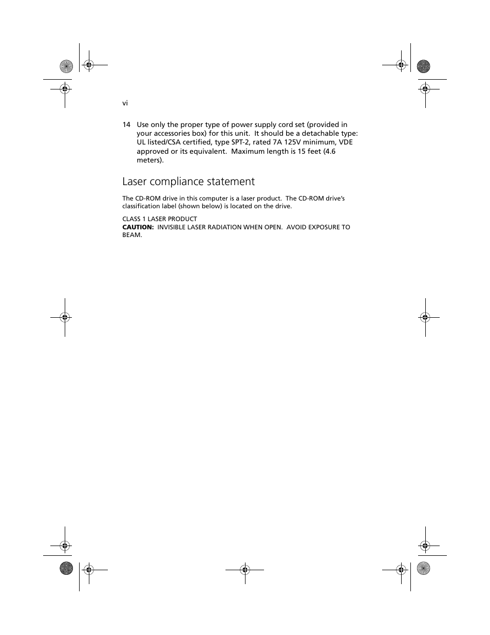 Laser compliance statement | Acer Altos G500 User Manual | Page 6 / 124