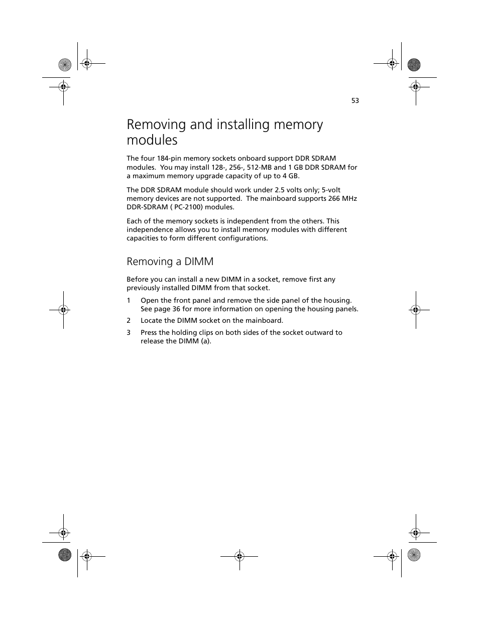 Removing and installing memory modules, Removing a dimm | Acer Altos G500 User Manual | Page 63 / 124