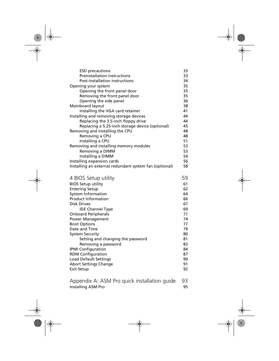 4 bios setup utility 59, Appendix a: asm pro quick installation guide 93 | Acer Altos G500 User Manual | Page 8 / 124