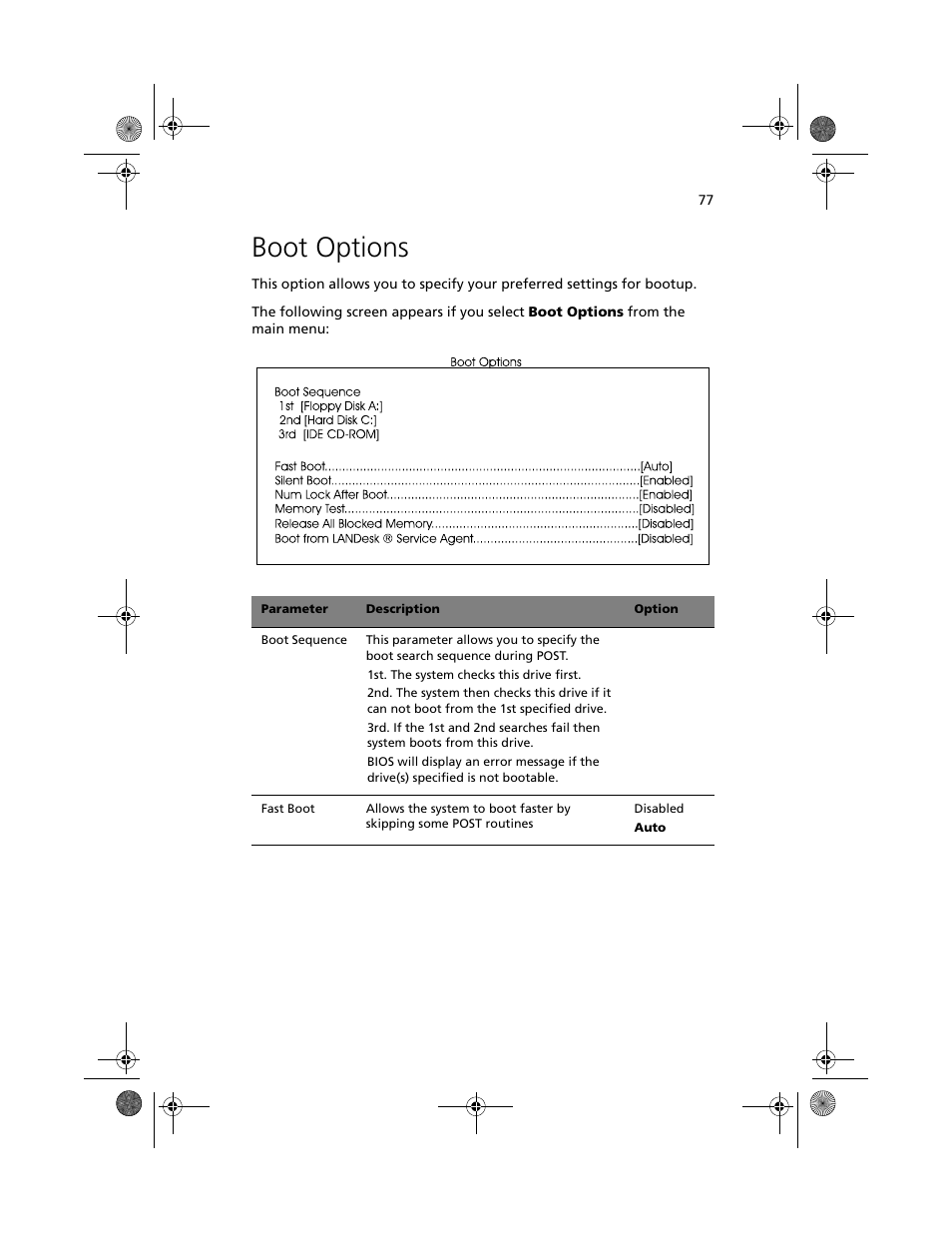 Boot options | Acer Altos G500 User Manual | Page 87 / 124