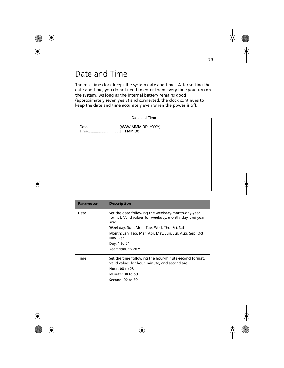 Date and time | Acer Altos G500 User Manual | Page 89 / 124