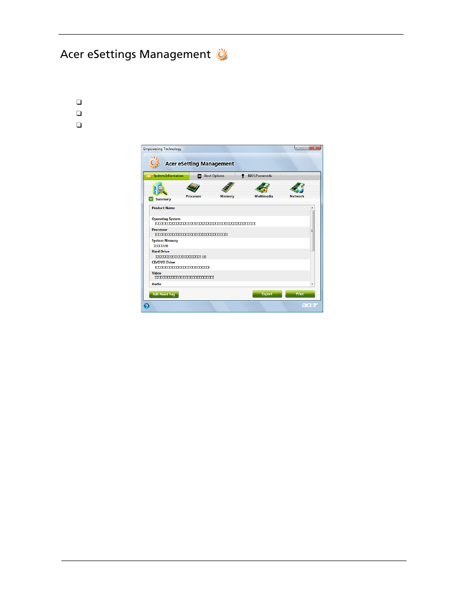 Acer esettings management | Acer 5730Z/5330 User Manual | Page 32 / 172