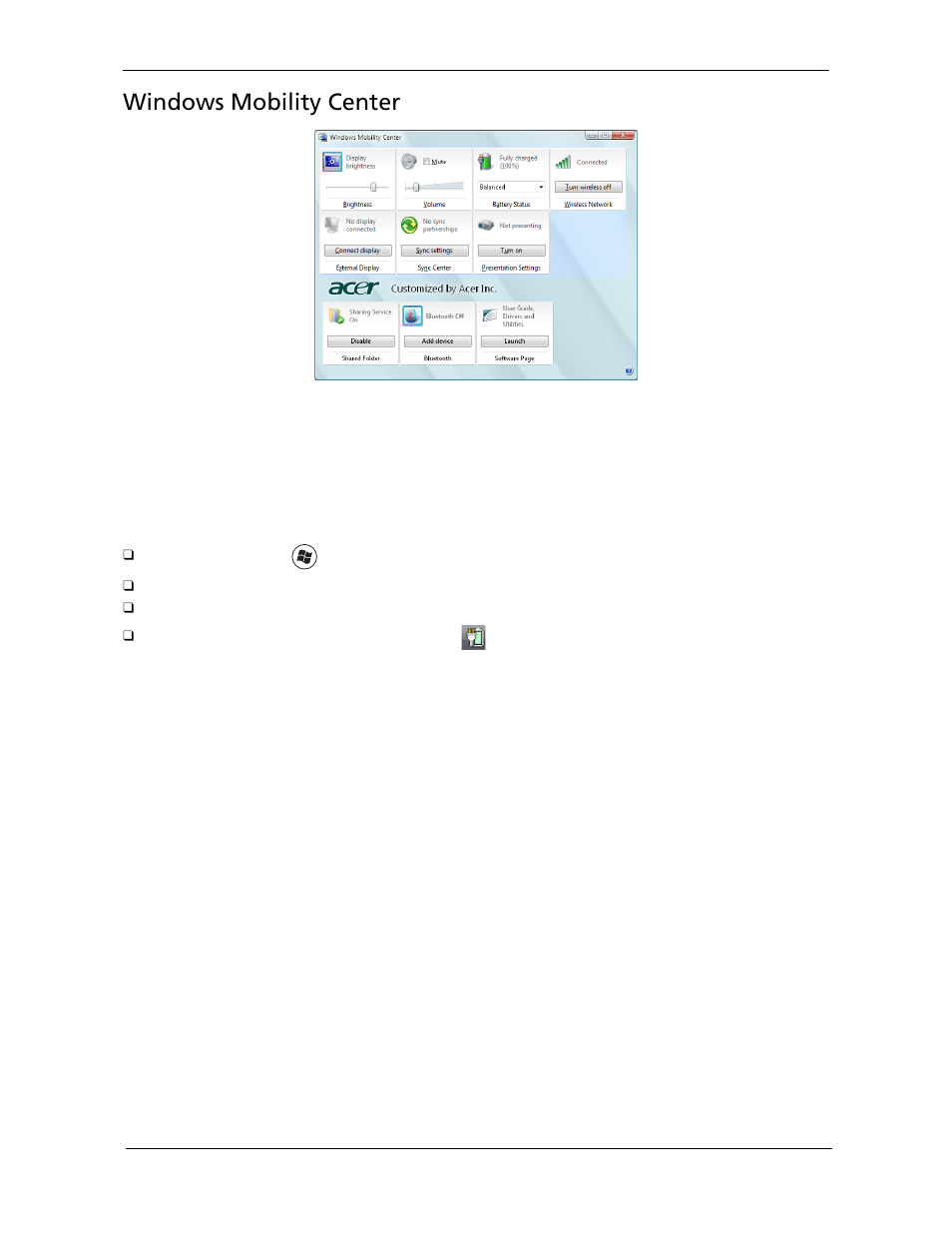 Windows mobility center | Acer 5730Z/5330 User Manual | Page 33 / 172