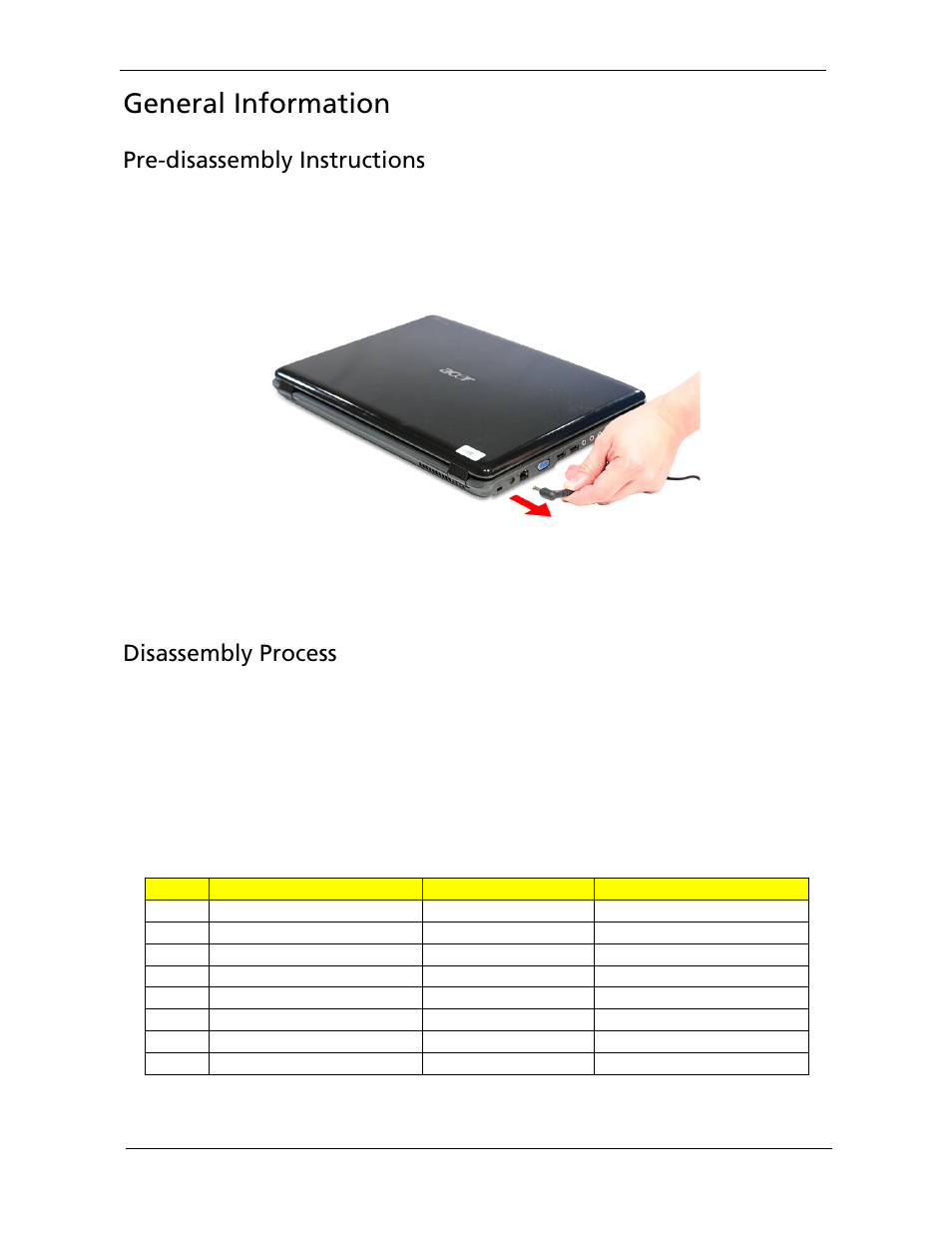 General information, Pre-disassembly instructions, Disassembly process | Acer 5730Z/5330 User Manual | Page 58 / 172