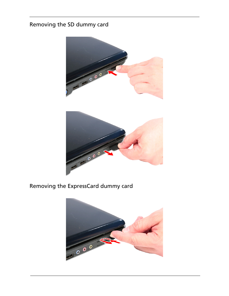 Removing the sd dummy card, Removing the expresscard dummy card | Acer 5730Z/5330 User Manual | Page 61 / 172