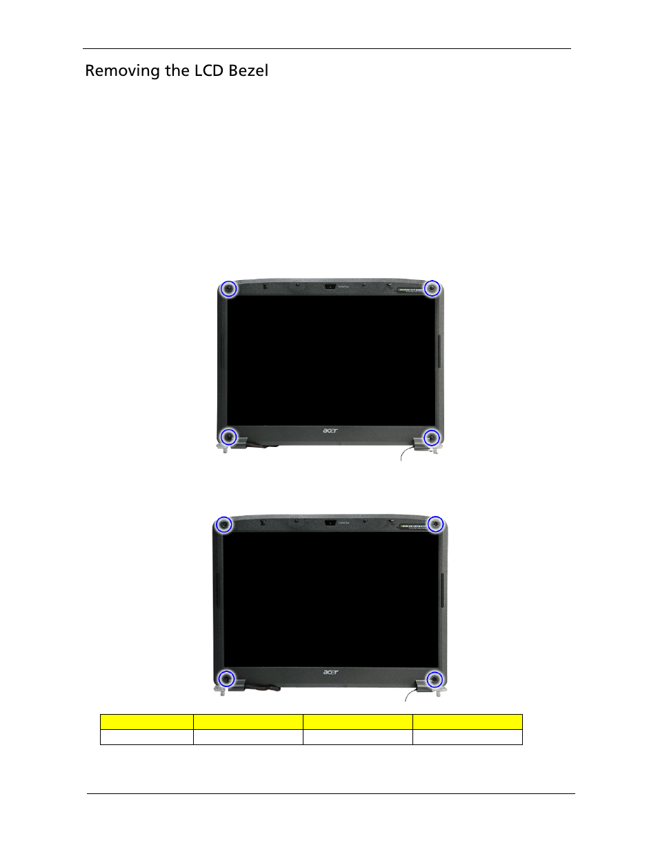 Removing the lcd bezel | Acer 5730Z/5330 User Manual | Page 98 / 172