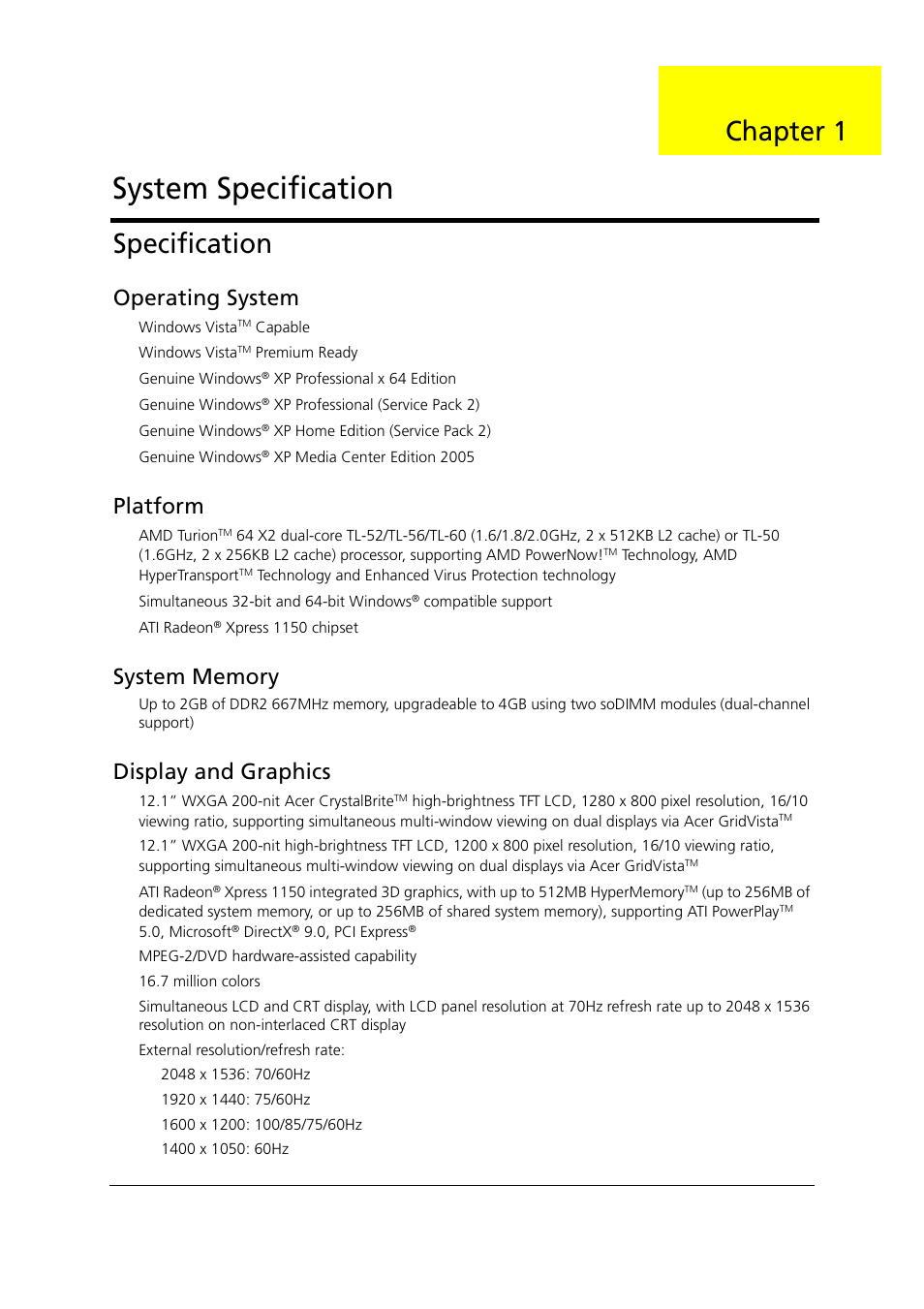 Specification, Operating system, Platform | System memory, Display and graphics, System specification, System utilities, Machine disassembly and replacement, Troubleshooting, Main board | Acer 1000 User Manual | Page 11 / 122