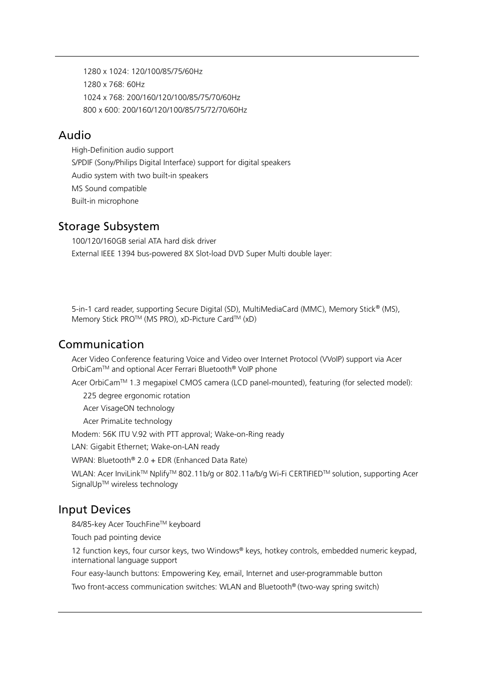 Audio, Storage subsystem, Communication | Input devices | Acer 1000 User Manual | Page 12 / 122