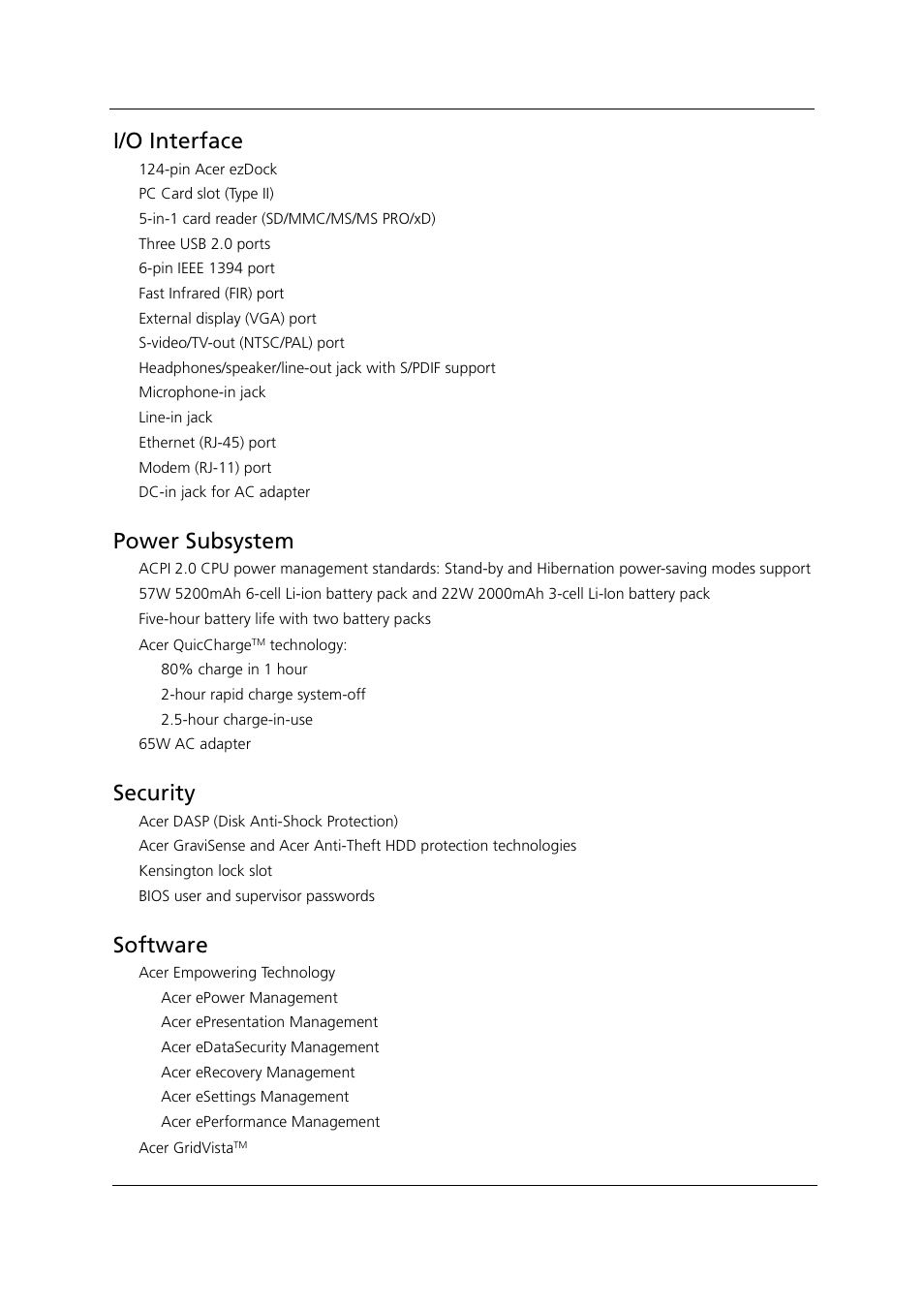 I/o interface, Power subsystem, Security | Software | Acer 1000 User Manual | Page 13 / 122