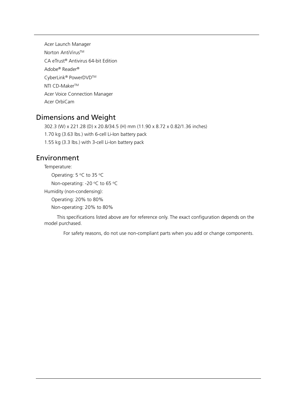 Dimensions and weight, Environment | Acer 1000 User Manual | Page 14 / 122