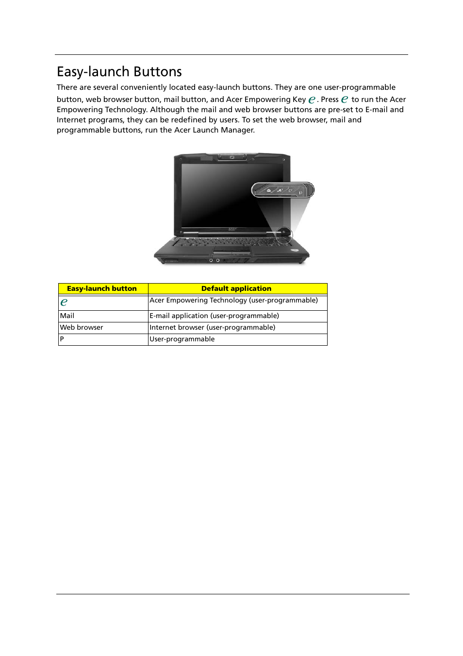 Easy-launch buttons | Acer 1000 User Manual | Page 23 / 122