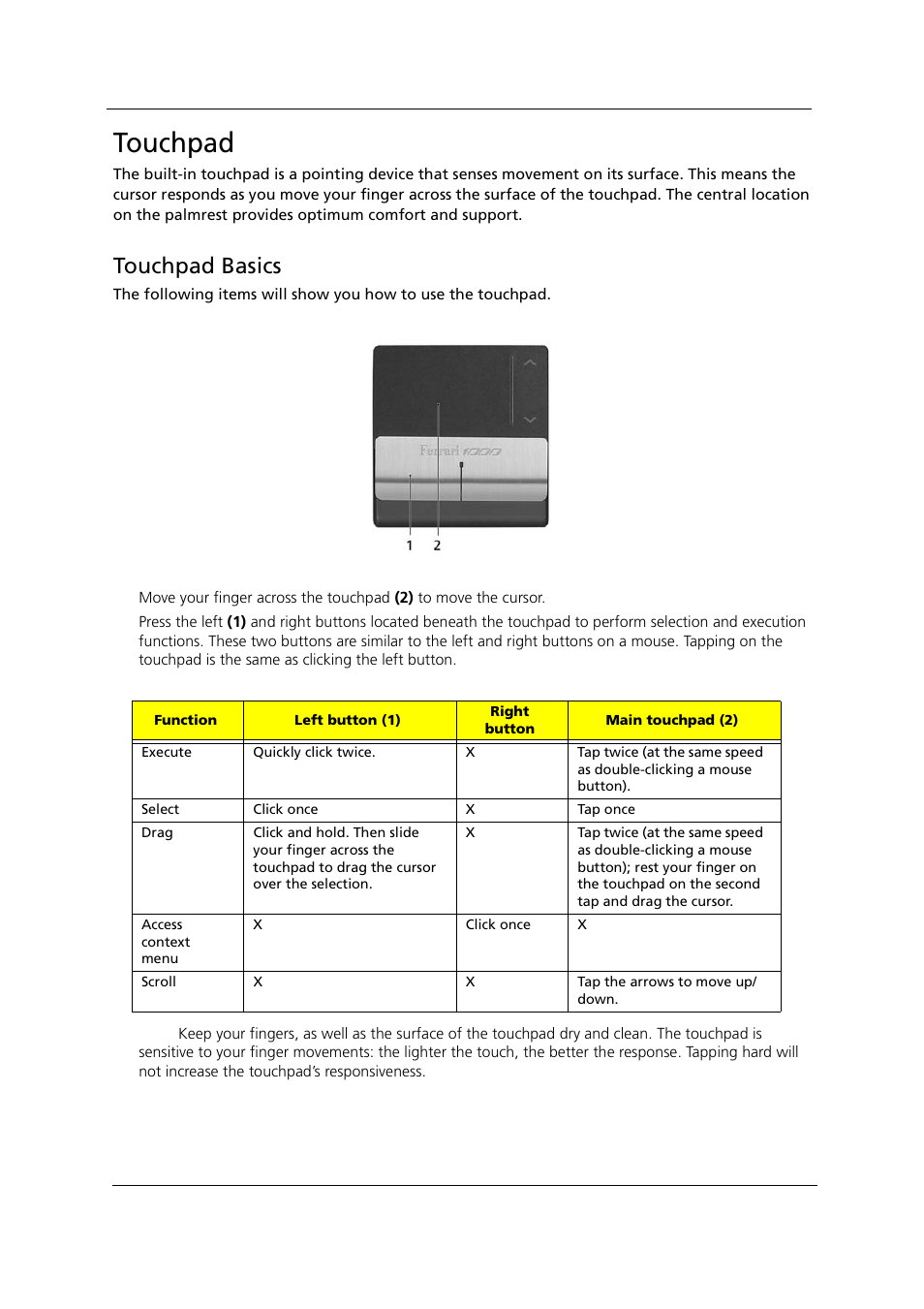 Touchpad, Touchpad basics | Acer 1000 User Manual | Page 24 / 122