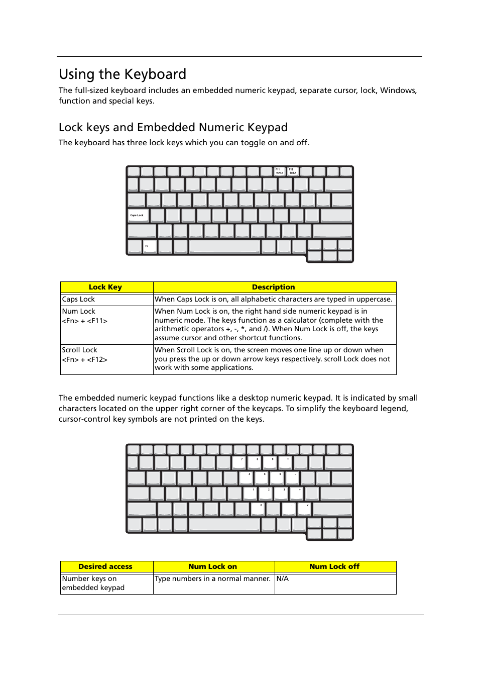 Using the keyboard, Lock keys and embedded numeric keypad | Acer 1000 User Manual | Page 25 / 122