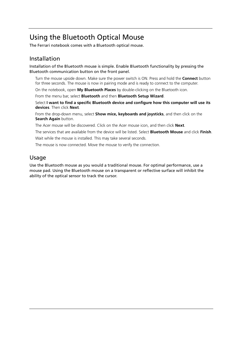 Using the bluetooth optical mouse, Installation, Usage | Acer 1000 User Manual | Page 29 / 122