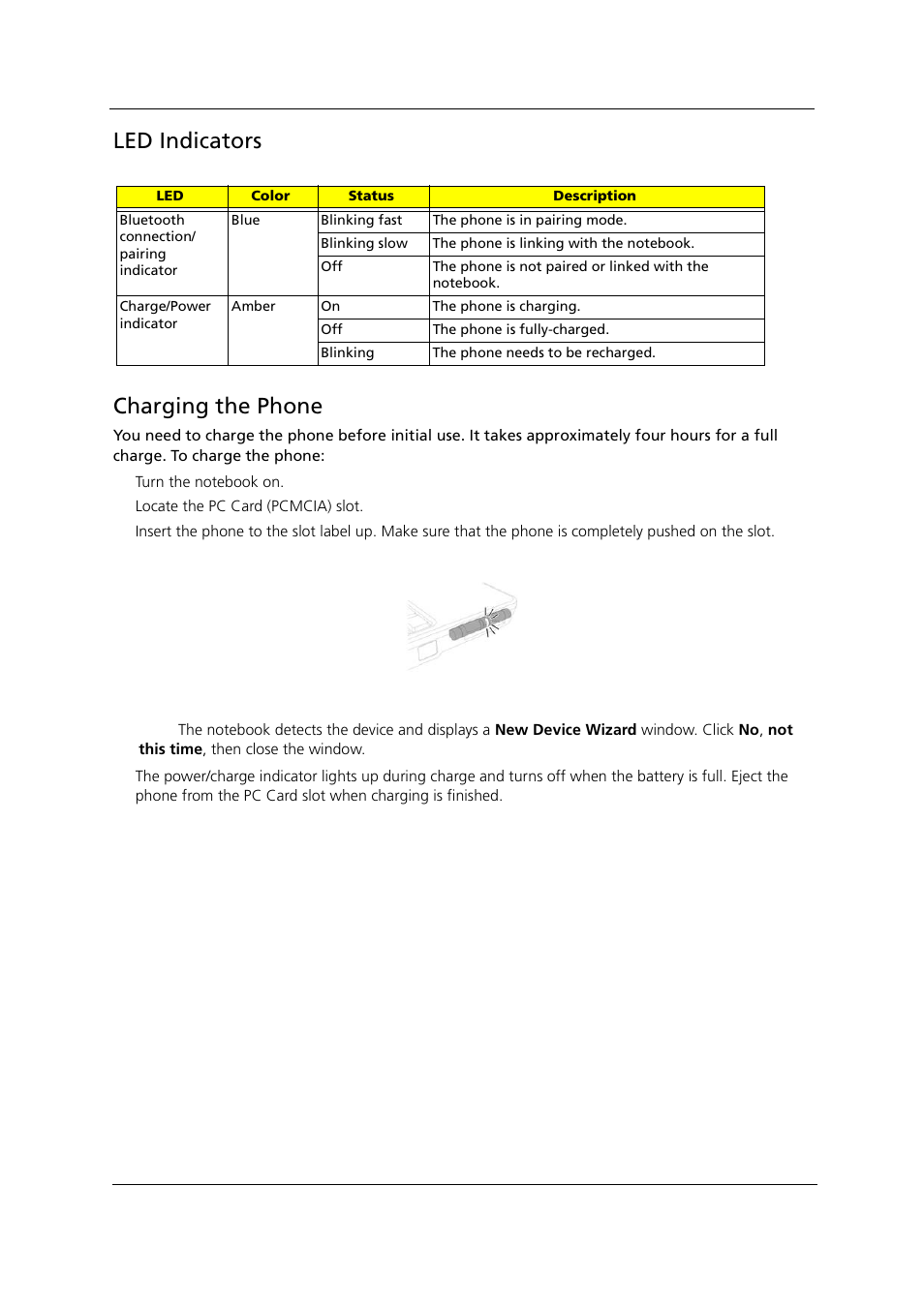 Led indicators, Charging the phone, Led indicators charging the phone | Acer 1000 User Manual | Page 31 / 122