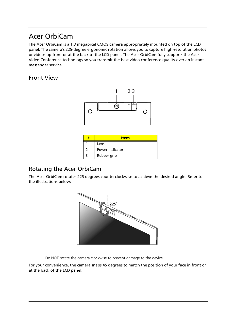 Acer orbicam, Front view, Rotating the acer orbicam | Front view rotating the acer orbicam | Acer 1000 User Manual | Page 35 / 122