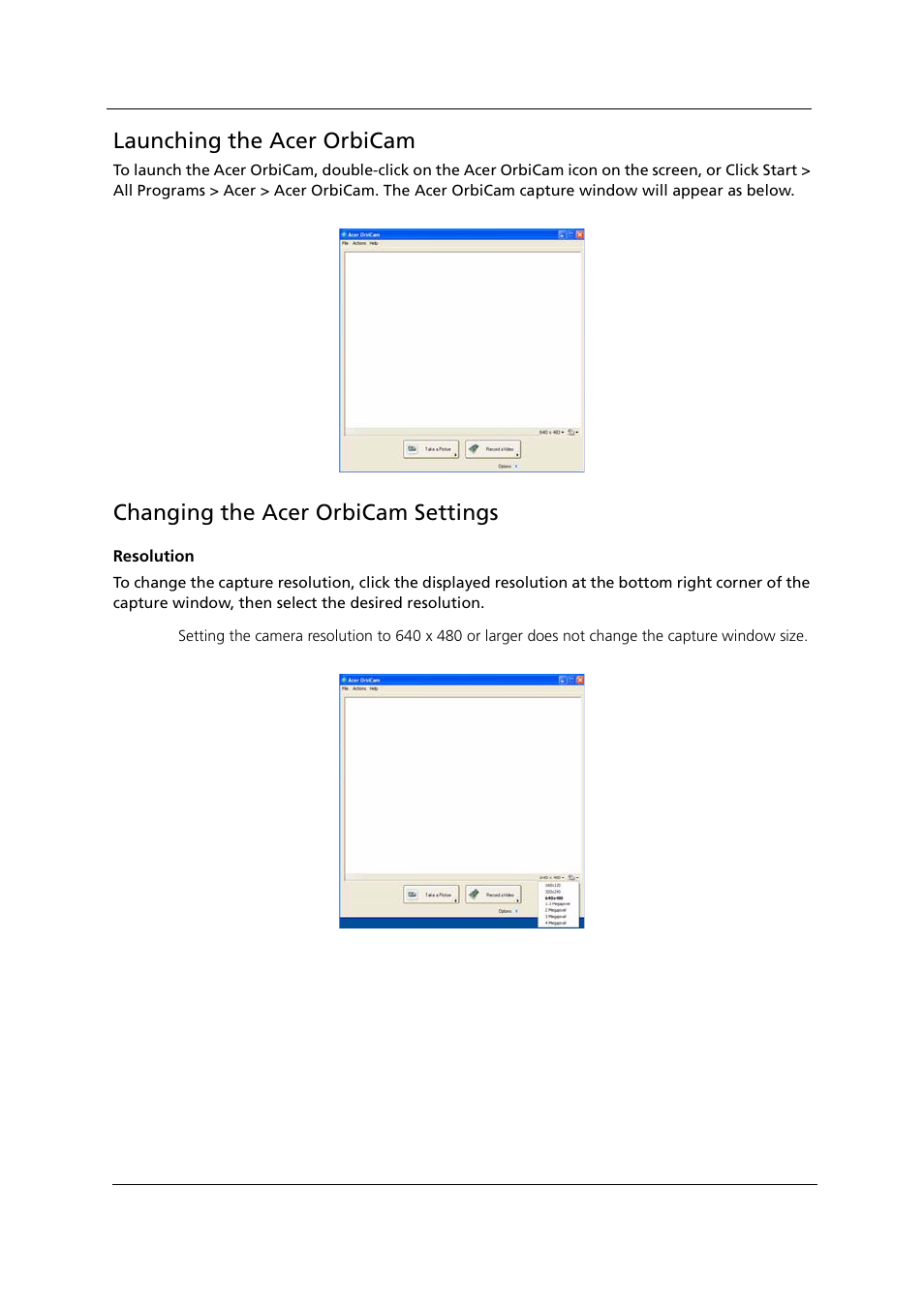 Launching the acer orbicam, Changing the acer orbicam settings | Acer 1000 User Manual | Page 36 / 122