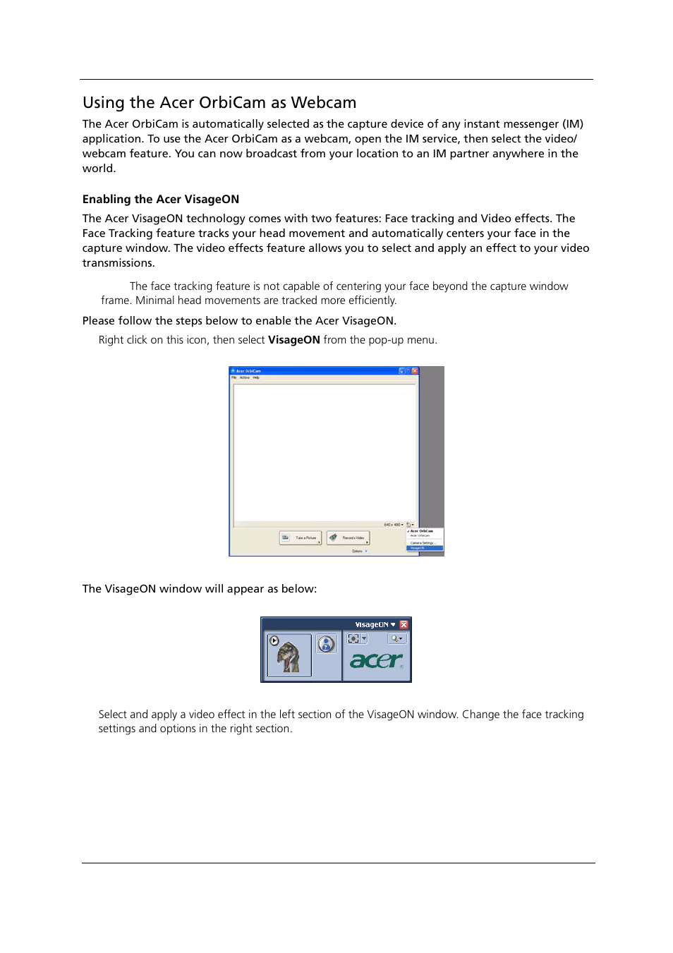 Using the acer orbicam as webcam | Acer 1000 User Manual | Page 39 / 122