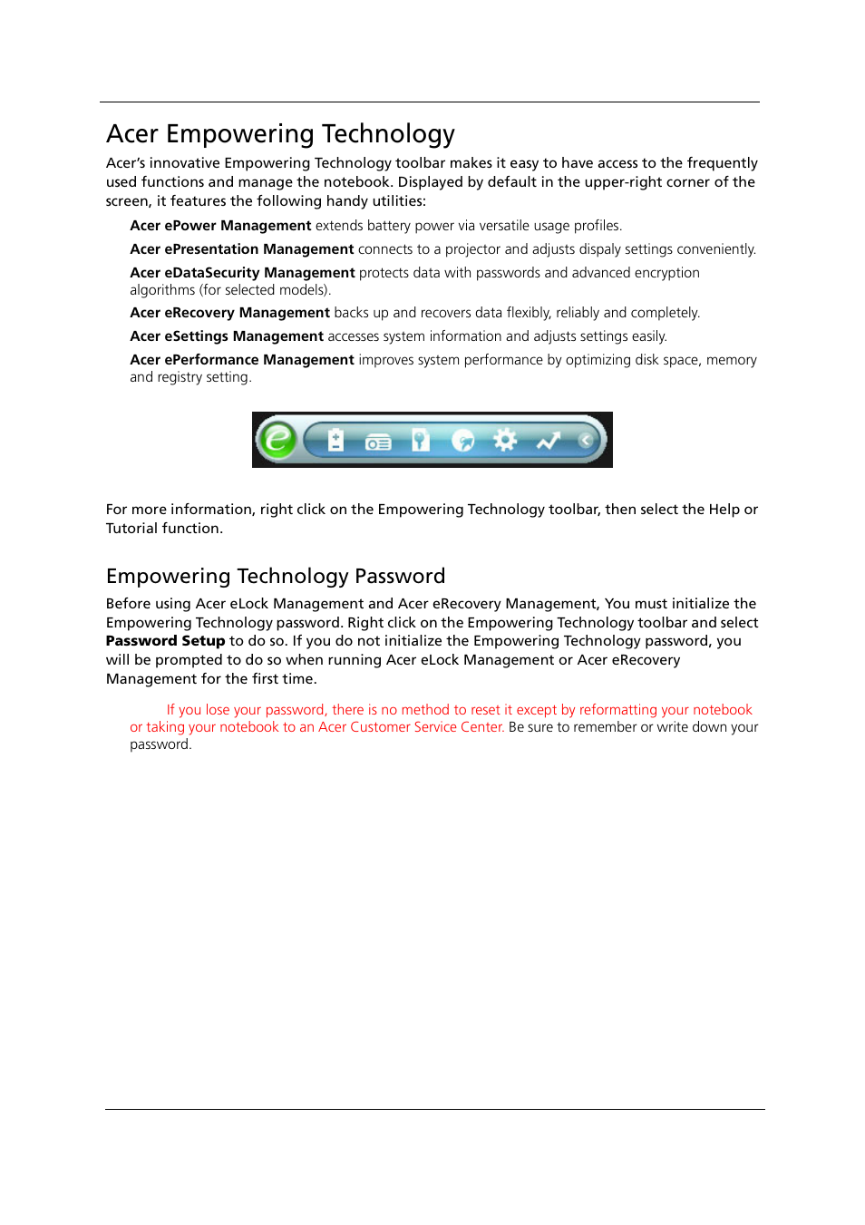 Acer empowering technology, Empowering technology password | Acer 1000 User Manual | Page 42 / 122