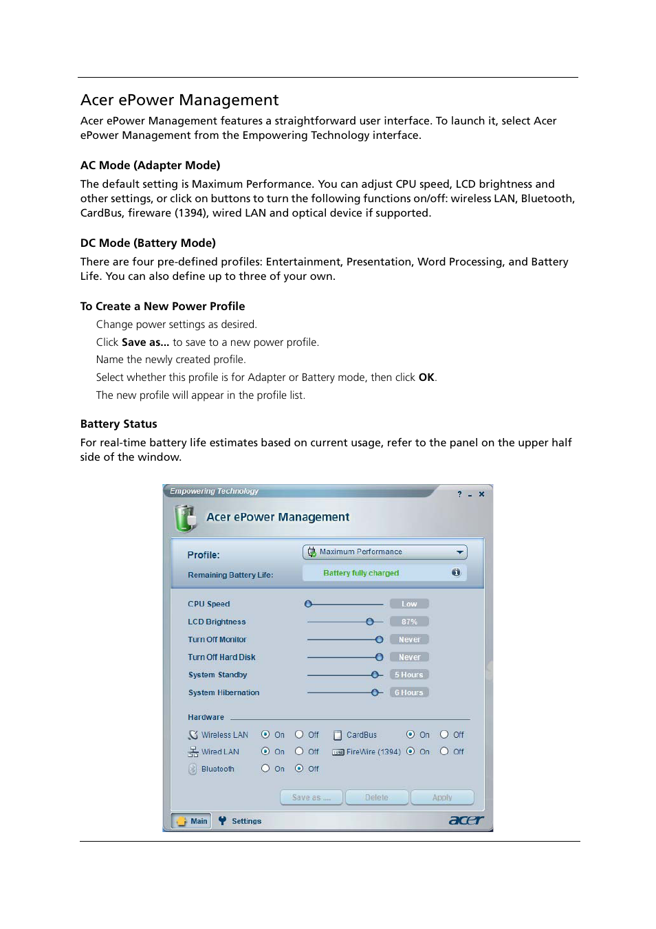 Acer epower management | Acer 1000 User Manual | Page 43 / 122